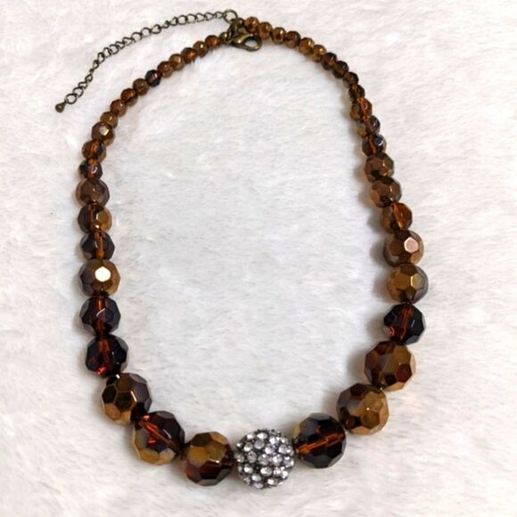 Premier Designs Jewelry - Vintage Golden Amber Facetted Lucite Bead Necklace w/ Rhinestone Accent